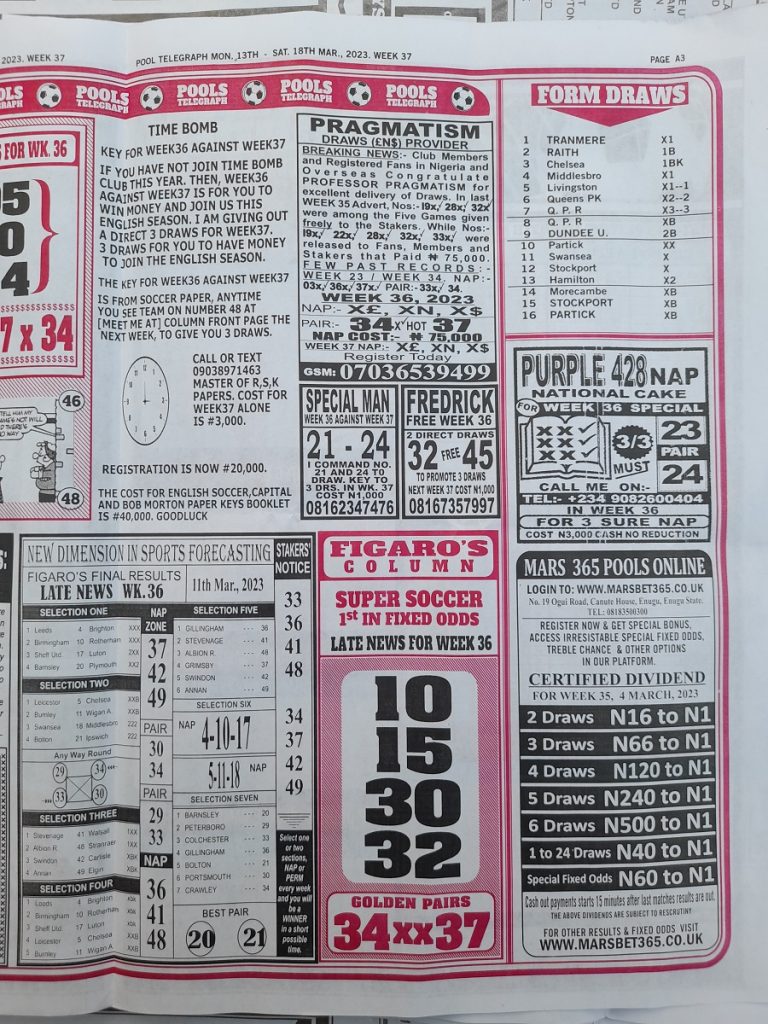 Week 37 Pools RSK Papers 2023 Soccer, Bob Morton, Capital Intl